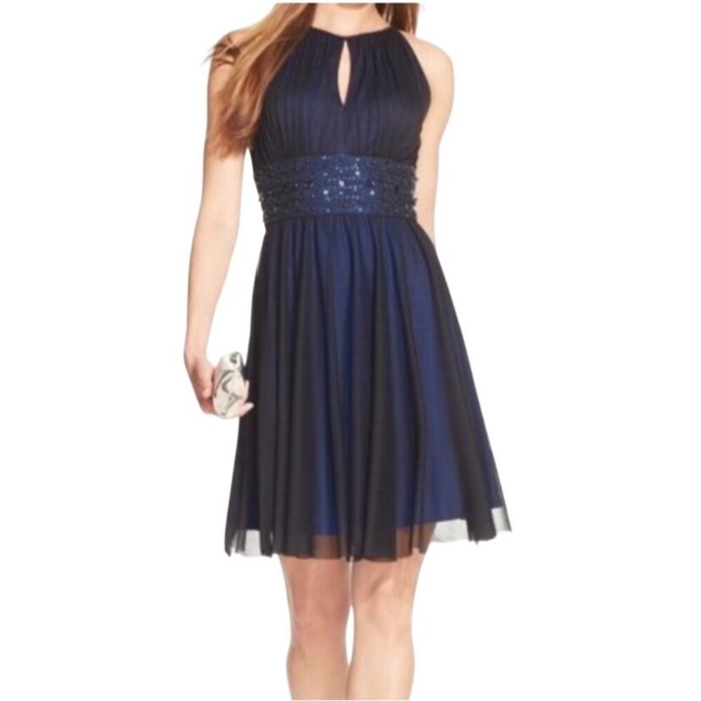 Jessica Howard Beaded Waist Keyhole Neck Cocktail Dress 14 Navy Blue Chiffon